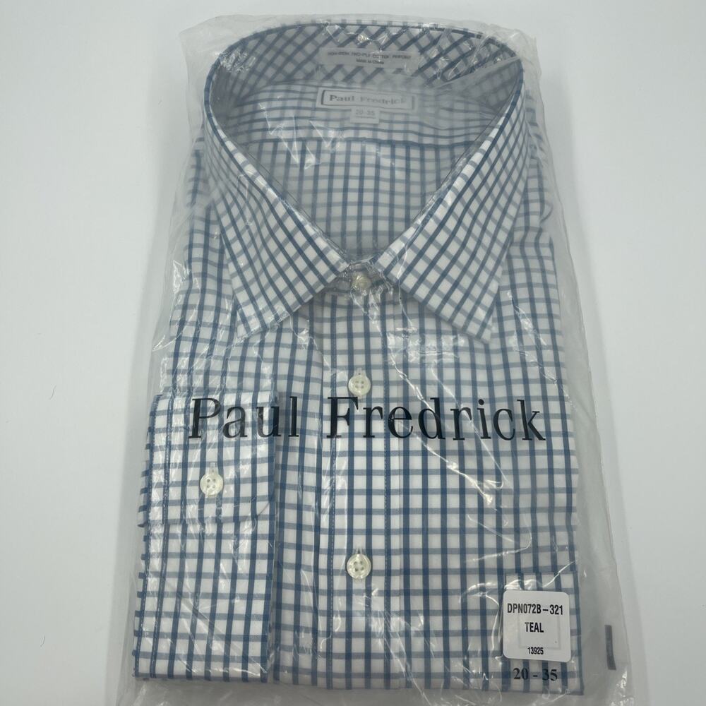 Paul Fredrick Men’s Dress Shirt 20-35 Teal Check Classic Fit Non-Iron Cotton NWT